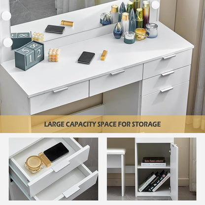CLIPOP Dressing Table with LED Mirror, Makeup Table with Stool, Dressing Table with 4 Drawers and 1 Closed Storage Compartment for Bedroom - QUORE