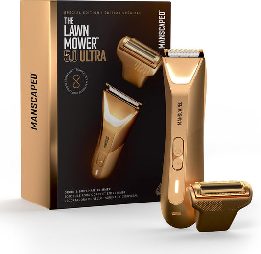 MANSCAPED® The Lawn Mower® 5.0 ULTRA Lies- en lichaamshaartrimmer – SkinSafe® -trimmer met twee koppen en foliemessen, waterdichte natte/droge trimmer, oplaadbaar via USB-C met reisetui, Forged Gold