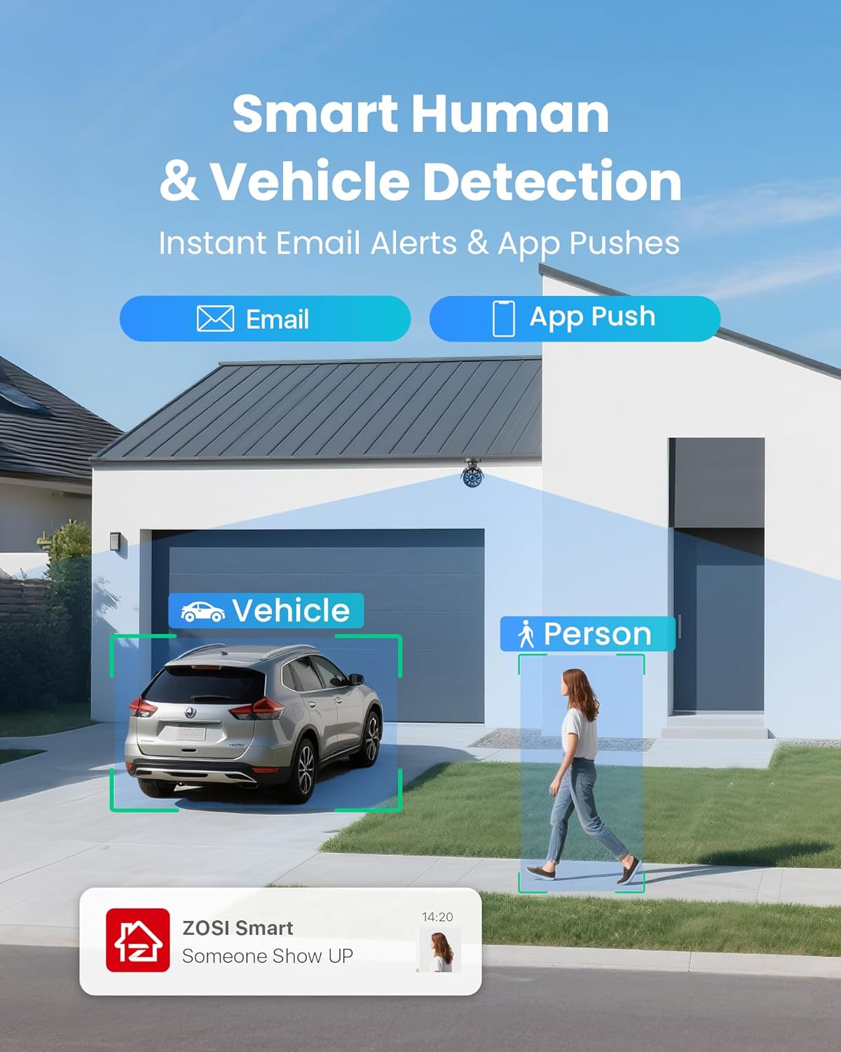 ZOSI IA CCTV-systeem – intelligente detectie van personen/auto, 12 camera's hoek 90°, nacht 24 m, DVR 16 CH + 4 TB