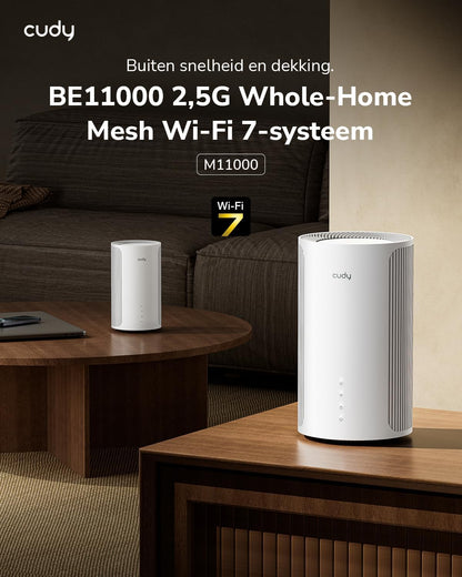 Cudy Tri-Band WiFi 7 BE11000 Hele Home Mesh-systeem, 6-Stream 10 Gbps, 4 × 2.5G-poorten, MU-MIMO, Multi-VPN, Cudy APP, Smart Interne Antennes, M11000 2-Pack