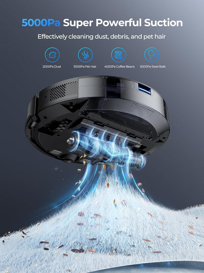 Laresar Clean Robotstofzuiger met dweilfunctie, 3-in-1, 5000 Pa stofzuigerrobot met lasernavigatie, 180 minuten max, ideaal voor dierenharen, tapijt, harde vloeren, app-bediening, 15 No-Go
