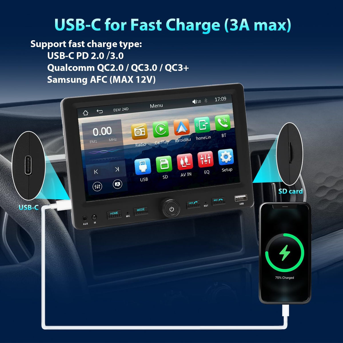 Autoradio 1 DIN met 7" scherm instelbaar Touchscreen, Compatibel met [Wireless] Apple CarPlay/Android Auto Bluetooth Achteruitrijcamera AM/FM/RDS Radio Type-C USB (3A snel opladen) AUX SD
