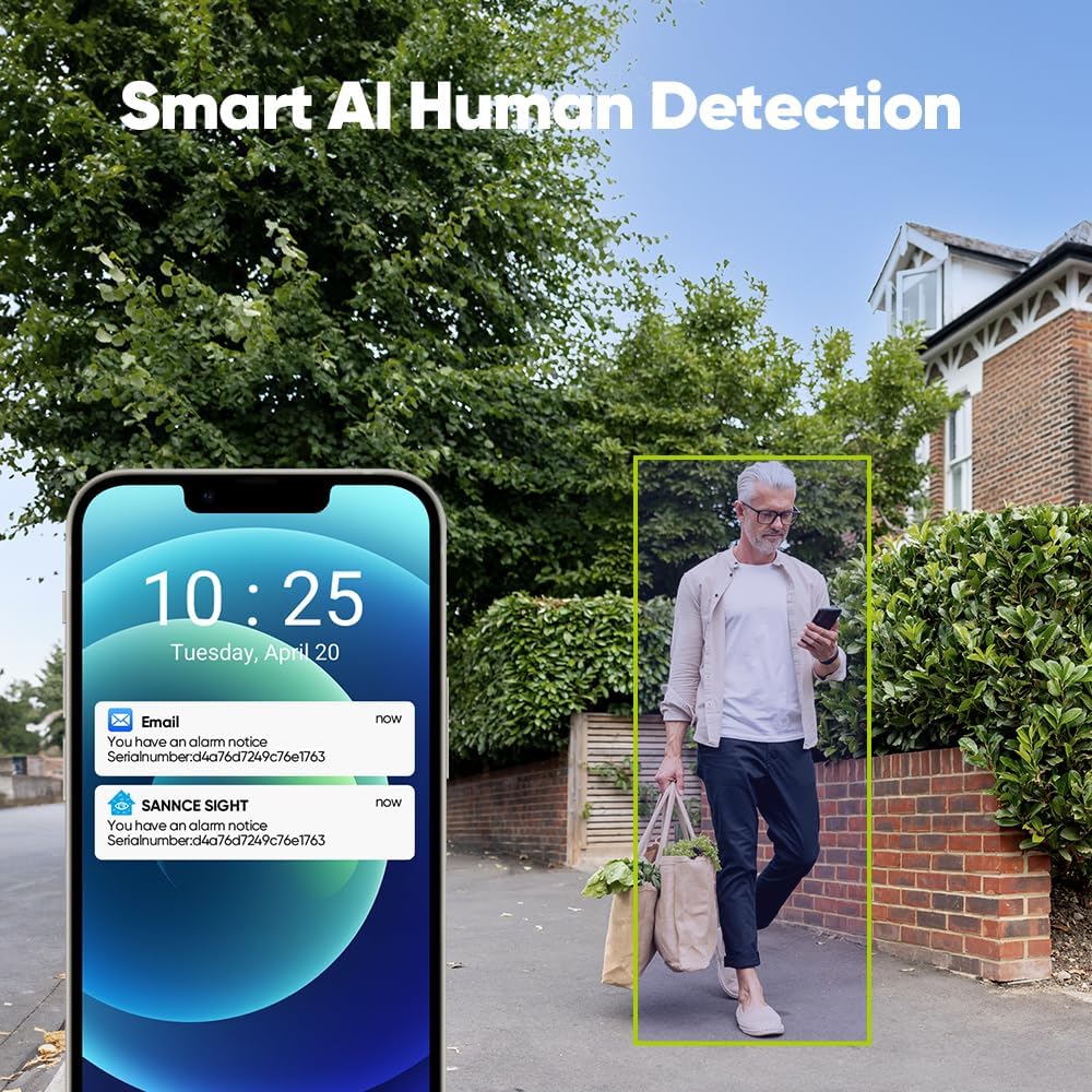 SANNCE Wifibewakingscameraset voor buiten, 8CH 5MP NVR met 4 x 3MP draadloze wificamera's, outdoor, 3MP draadloos bewakingssysteem, AI herkenning, 24/7 opname, IP66-weerbestendig