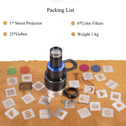 DF DIGITALFOTO Optische Snoot Bowens Mount Gobo Projector, 25 Gobo's, Projectie Opzetstuk voor Fotografie Spotlight, Compatibel met Aputure Amaran 100X/D 200D/X, Godox SL60 voor Portret, Focusbaar