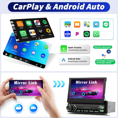 OiLiehu 2+64G Android 13 1-DIN Autoradio met Draadloze CarPlay & Android Auto, 7" IPS Handmatig Inklapbaar Scherm
