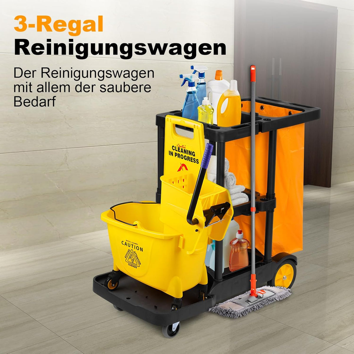 Bimiti Professionele reinigingswagen met extra grote tas, 113 x 56 x 93 cm, 3 niveaus met grote capaciteit, reinigingswagen, afvalzakken van 65 liter, geel en zwart