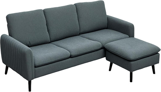 HOMCOM Ecksofa mit Schlaffunktion Sofa mit Fußhocker, 3 Wurfkissen, Eckcouch L-Form Couch für Wohnzimmer, Schlafzimmer 196 x 140 x 88 cm Grau - QUORE