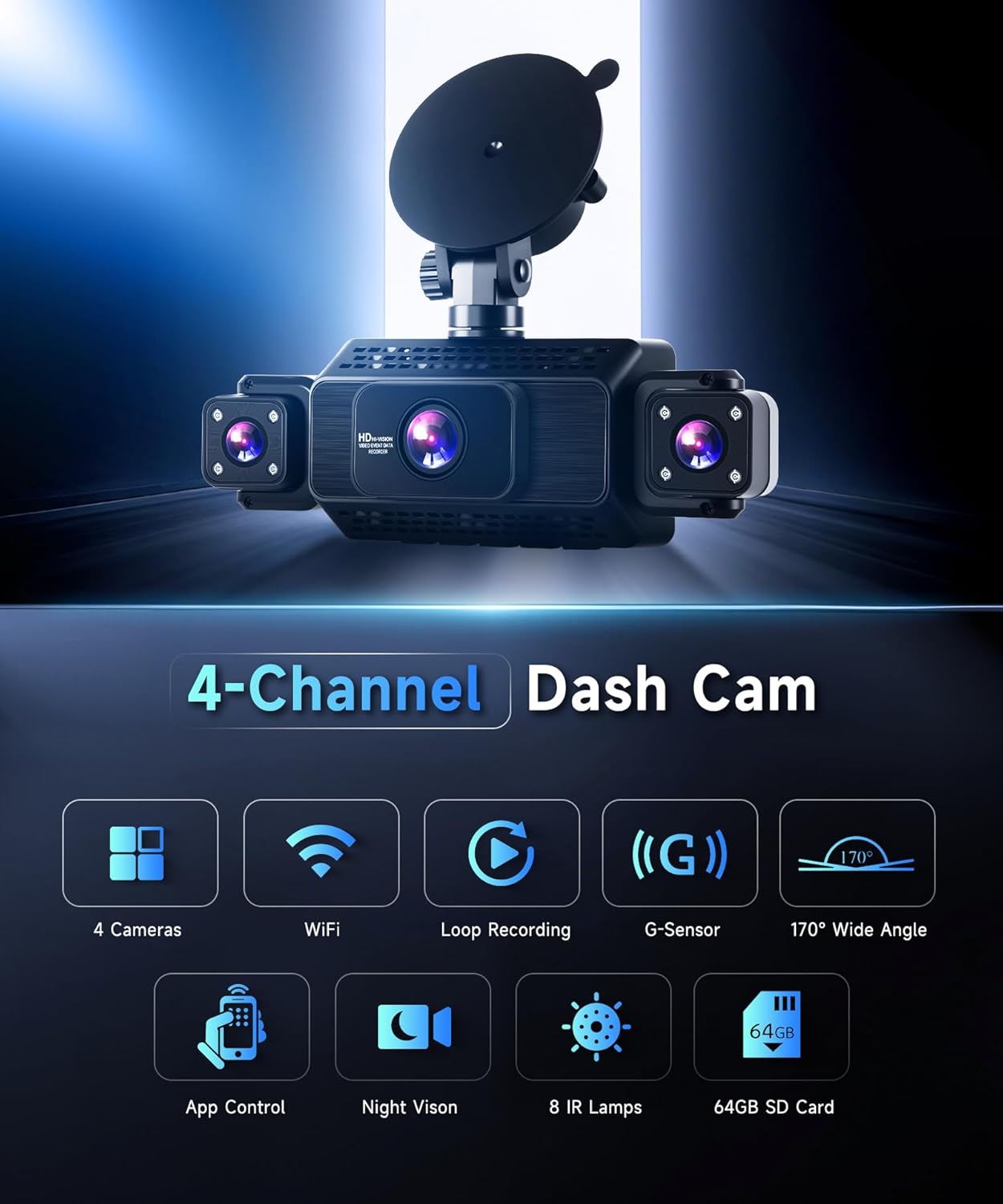 1080P Dashcam Car Front and Rear with Wifi,4*Dashcam Car Camera with 3-inch IPS Screen,24-Hour Parking Monitoring,Night Vision,G-Sensor,Loop Recording,360-Degree Protection,with 64GB SD Card - QUORE