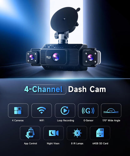 1080P Dashcam Car Front and Rear with Wifi,4*Dashcam Car Camera with 3-inch IPS Screen,24-Hour Parking Monitoring,Night Vision,G-Sensor,Loop Recording,360-Degree Protection,with 64GB SD Card - QUORE