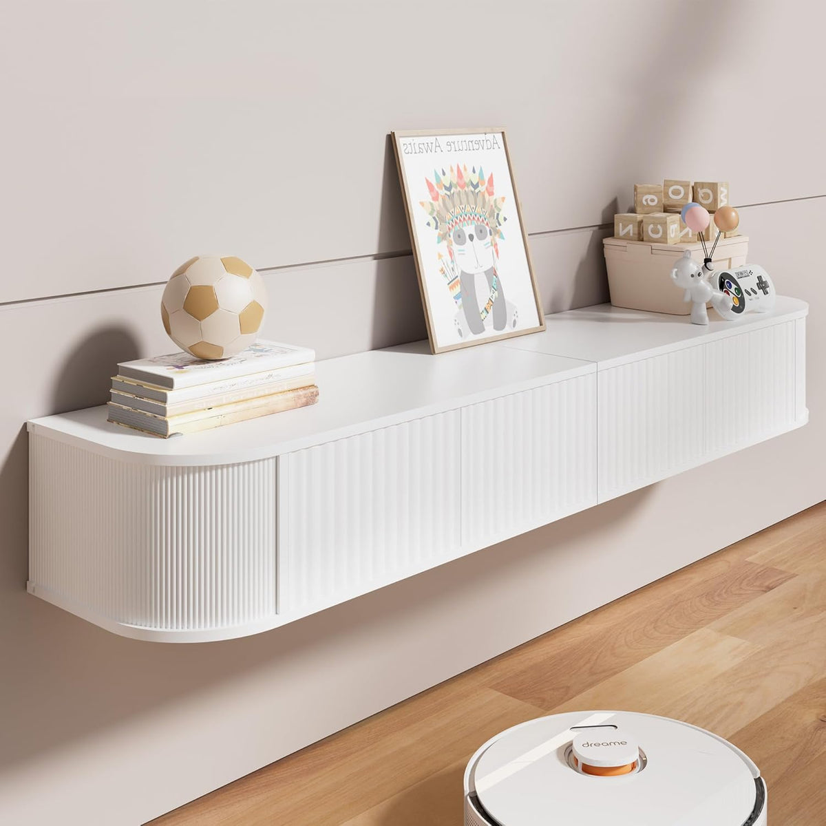 Zwevend TV-Meubel met LED-Verlichting – 140CM Wandgemonteerd TV-Kast met Verbeterde Opbergruimte & Afgeronde Randen, Moderne TV-Mediaconsol voor 43-55 Inch TV's
