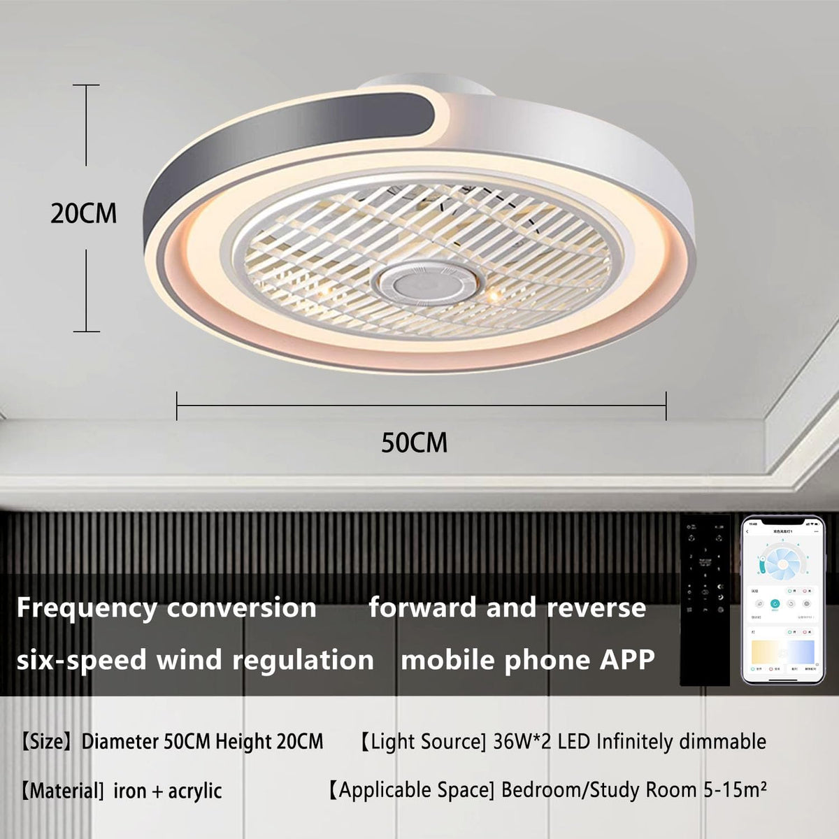 ASJK Plafondventilator met Licht, 72W Stille Moderne LED-plafondventilator met verlichting voor Slaapkamer, Woonkamer, 6 Omkeerbare Snelheden, Timer. Grijs
