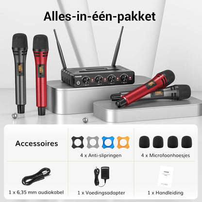 TONOR Draadloze Microfoons Systeem, 4x5 Kanalen Draadloze Handheld Dynamische Mic met Ontvanger, 60M UHF Bereik, Mics met stabiel signaal Transmissie voor Karaoke Zingen Feest Kerk DJ PA Speaker, Rood