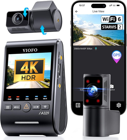 VIOFO A329S 3CH 4K dashcam voor achter, 4K + 2K + 2K dashcam auto 3 lens, energiebesparende parkeermodus, 210° ultragroothoek binnencamera, wifi 6 en app-bediening, drie Starvis 2 autocamera