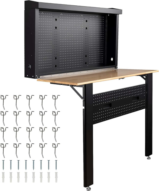 Wiltec werkbank voor wandmontage tot 200 kg, inklapbare gereedschapsbank 120,5 x 82,5 x 162 cm met geperforeerde plaat als achterwand