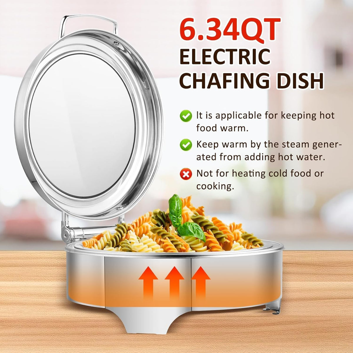 YUCHENGTECH Elektrische ronde buffetkachel, 6 l, platte boiler, roestvrij staal, professionele elektrische chafing schaal, met instelbare temperatuur en glazen deksel