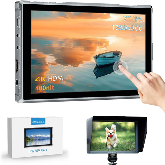 FEELWORLD FW759 Pro Touchscreen Camera Field Monitor 7 inch Peaking Video Assist, 300 g, 4K HDMI 1280X800 compatibel met DSLR met parasol, houder voor DC, Type-C en NP-F voeding