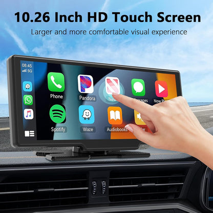 10,26 Inch Wireless Carplay Screen voor Car Play en Android Auto, Draadloze Autoradio met 4K Dashcam/1080P HD Achteruitrijcamera/Bluetooth/FM/AUX/64G TF/Mirror Link/Spraakbesturing/GPS-Navigatie