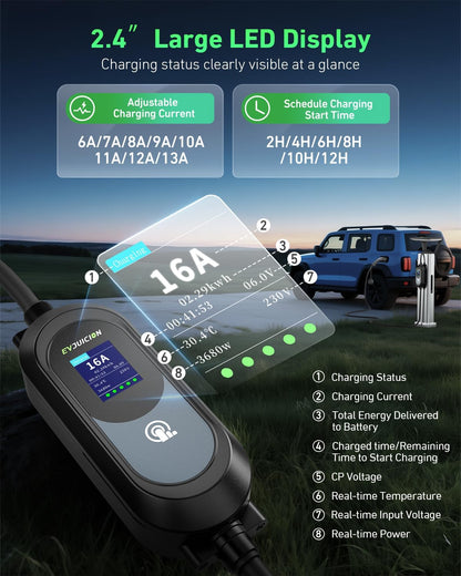 EVJUICION Oplaadkabel elektrische auto type 2 Schuko 6 meter, 3,6 kW, 8/10/13/16 A geprogrammeerd type 2 oplaadkabel met digitaal display en wandhouder, draagbare draagbare EV oplader met tas