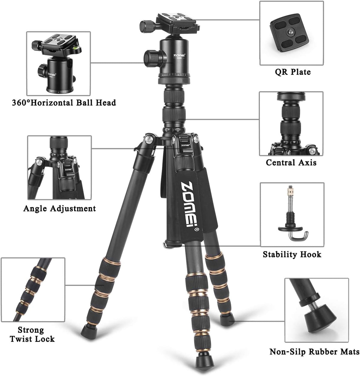 ZOMEi Camerastatief Z669C 151 cm met kogelkop van koolstofvezel carbon, professioneel lichtgewicht statief, reisstatief, monopod