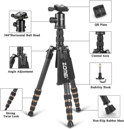 ZOMEi Camerastatief Z669C 151 cm met kogelkop van koolstofvezel carbon, professioneel lichtgewicht statief, reisstatief, monopod