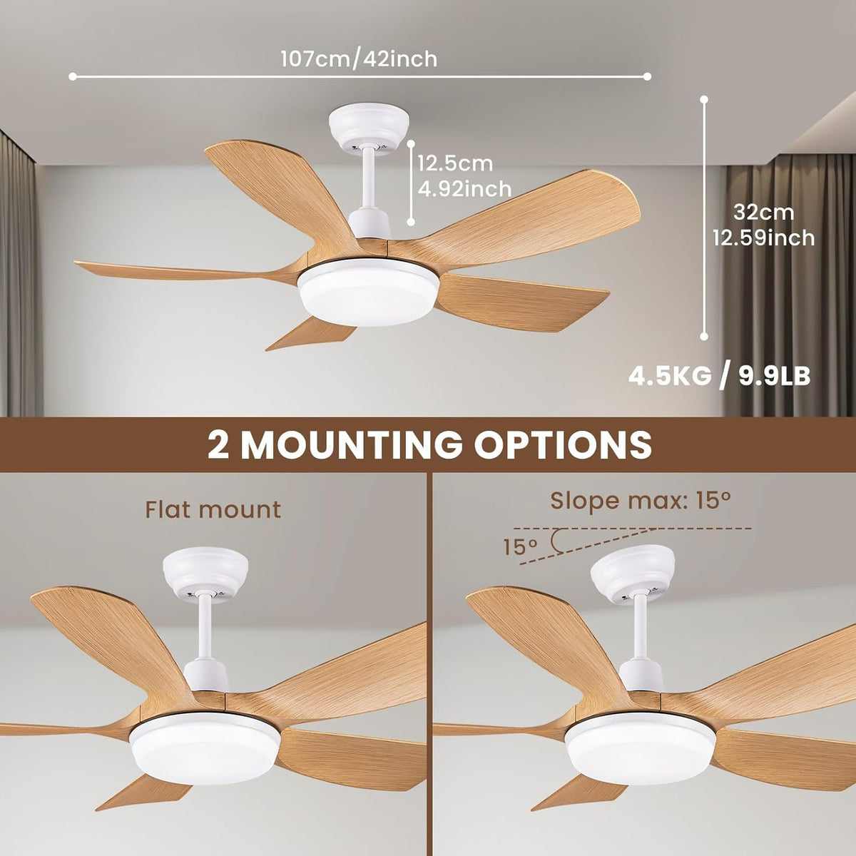 Newday Plafondventilator van hout, 106 cm, plafondventilator met licht en stille afstandsbediening, dimmer, DC-motor, 5 bladen, geheugenfunctie voor woonkamer en slaapkamer