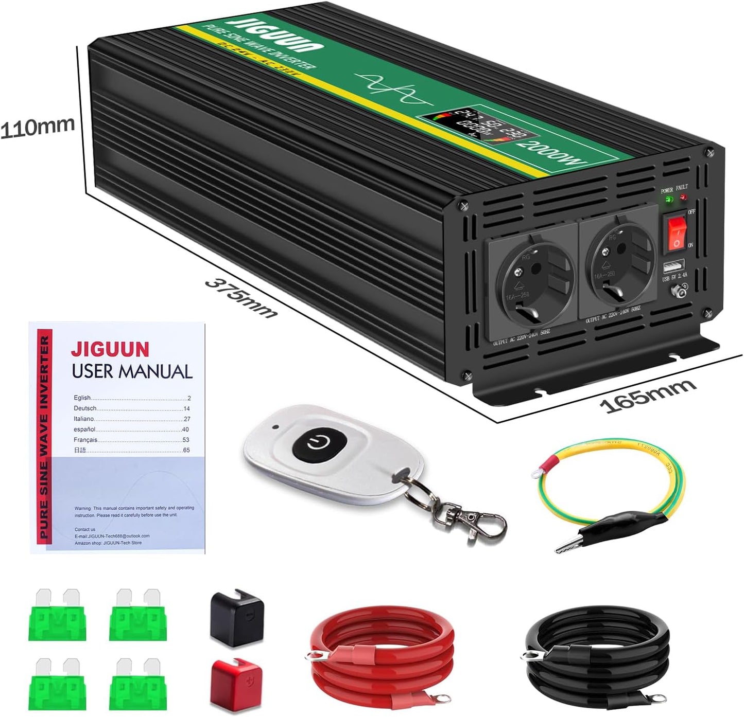 JIGUUN 2000W/4000W omvormer 24v naar 230v zuivere sinus Converter power inverter met draadloze afstandsbediening LCD-scherm 2 EU & 1 USB-poort voor auto, camping, reizen,noodgeval