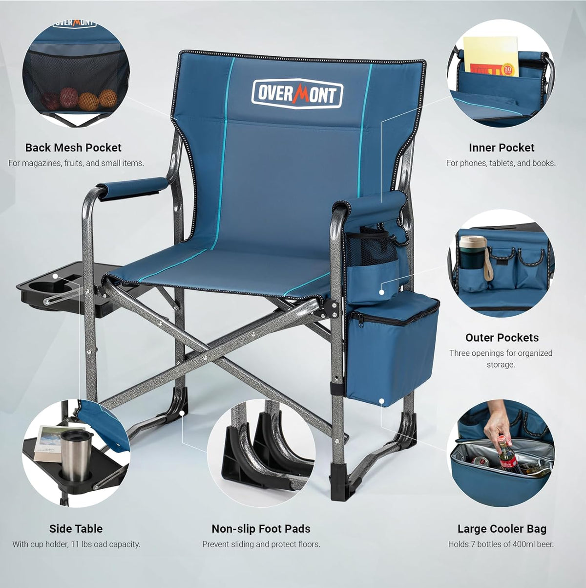 OVERMONT Oversize directors campingstoelen voor volwassenen - 180 kg zware opvouwbare buitenstoelen met opvouwbare bijzettafel en koeltas voor buiten, festival, barbecue, strand, picknick, vis