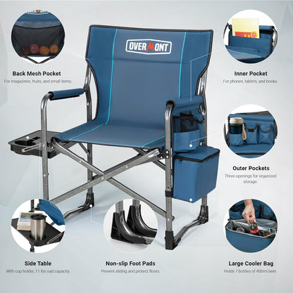 OVERMONT Oversize directors campingstoelen voor volwassenen - 180 kg zware opvouwbare buitenstoelen met opvouwbare bijzettafel en koeltas voor buiten, festival, barbecue, strand, picknick, vis