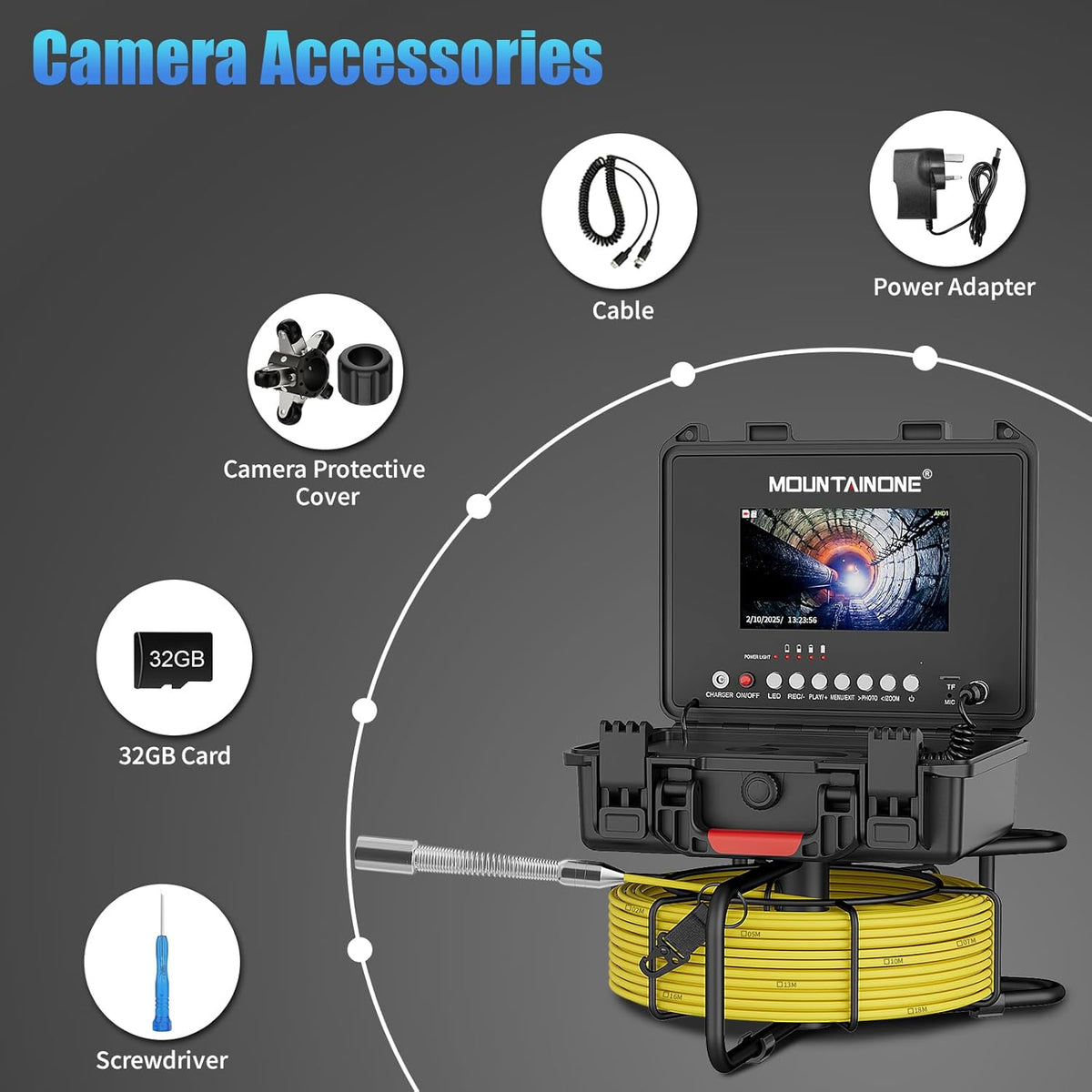 Inspectiecamera 30 m, 7 inch IPS-monitor, endoscopische camera met DVR 12 ledlampen, IP68 waterdichte leidingscamera met 32 GB SD-kaart