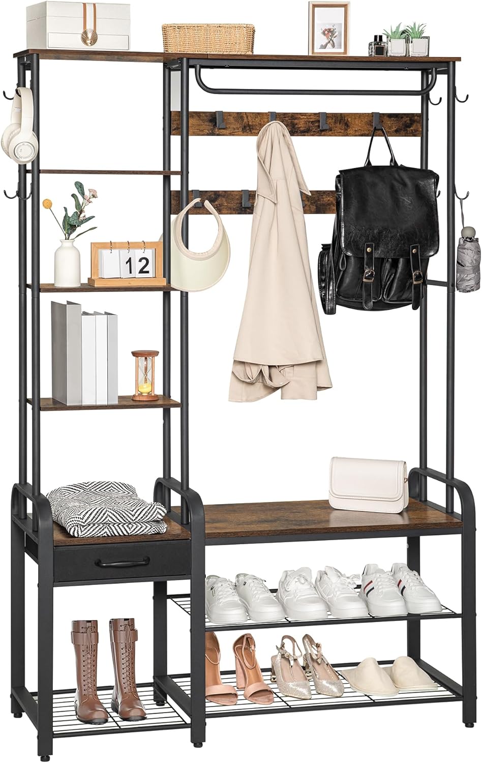 Hzuaneri Hall Tree, Coat Rack with 3-Tier Storage Bench and 1 Drawer, 5-in-1 Hallway Bench with 17 Hooks, 1 Hanging Bar, 4-Tier Side Shelves, Rustic Brown HT03501B