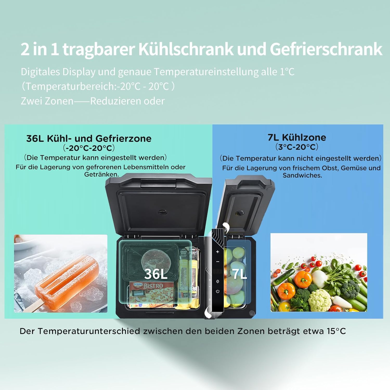 Koelbox – Compressor Koelbox – Elektrische Koelbox – Draagbare Koelbox – Camping Koelbox – 43 Liter Inhoud – Dubbele Koelzone Met Temperatuurregeling - QUORE