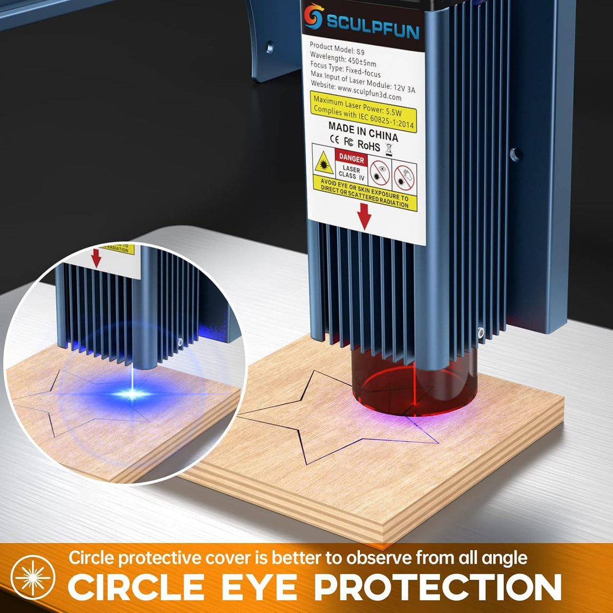 SCULPFUN S9 lasergraveermachine, 90W-effect CNC-lasersnijder, doe-het-zelf lasergraveermachine metaal, 0,06 mm nauwkeurige focuslasermodule voor het snijden van hout, metaal, ijzer, acryl, 410 * 420mm