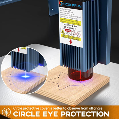 SCULPFUN S9 lasergraveermachine, 90W-effect CNC-lasersnijder, doe-het-zelf lasergraveermachine metaal, 0,06 mm nauwkeurige focuslasermodule voor het snijden van hout, metaal, ijzer, acryl, 410 * 420mm