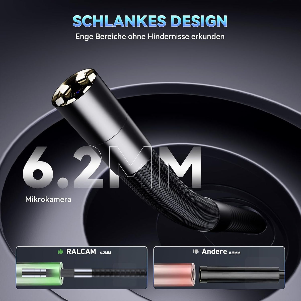 Ralcam Endoskopkamera 6,2mm Endoscope Camera - Endoskop 360° Inspektionskamera mit Licht 5,0" HD 1280x720 Rohrkamera, Kameras mit 6 LED, IP67 Wasserdicht 1m Halbstarres Kanalkamera Teleskopkamera