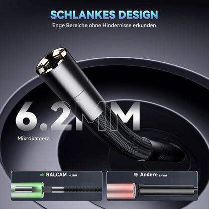 Ralcam Endoskopkamera 6,2mm Endoscope Camera - Endoskop 360° Inspektionskamera mit Licht 5,0" HD 1280x720 Rohrkamera, Kameras mit 6 LED, IP67 Wasserdicht 1m Halbstarres Kanalkamera Teleskopkamera