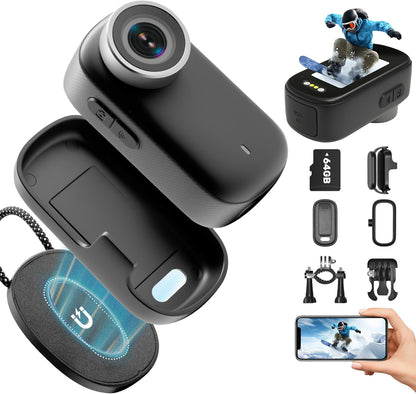 Action Cam 4K WiFi, lichaamscamera, mini bodycam, 64 GB, 150 graden kleine motor-/sportcamera, helmcamera met display, actiecamera's, vlog, videocamera met multifunctionele accessoires