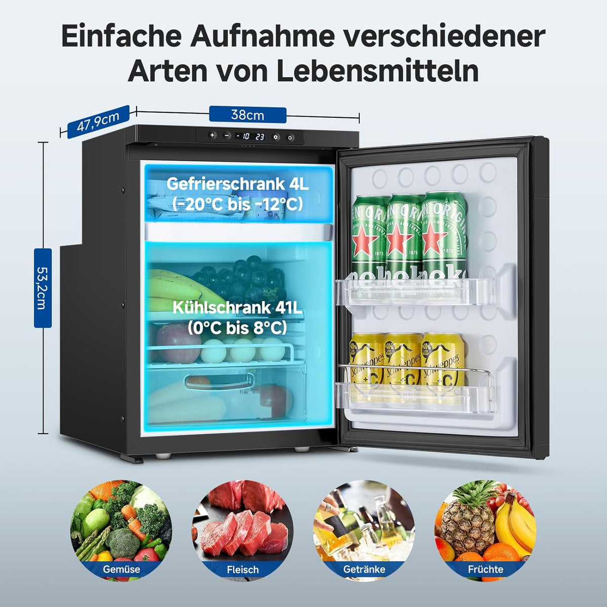 AAOBOSI 45L Compressorkoelkast, APP-Gestuurde Camperkoelkast, 12/24V DC, LED-Verlichte Voertuigkoeler, Bereikt -20 °C, Geschikt Voor Auto's, Vrachtwagens, Boten, Campers, Kamperen en Reizen