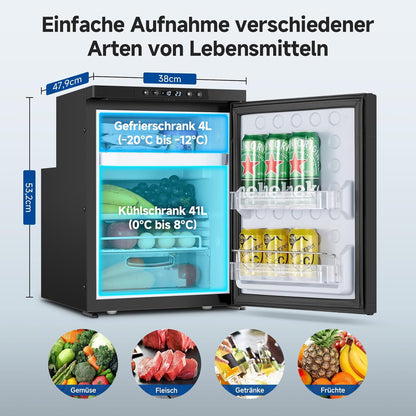 AAOBOSI 45L Compressorkoelkast, APP-Gestuurde Camperkoelkast, 12/24V DC, LED-Verlichte Voertuigkoeler, Bereikt -20 °C, Geschikt Voor Auto's, Vrachtwagens, Boten, Campers, Kamperen en Reizen