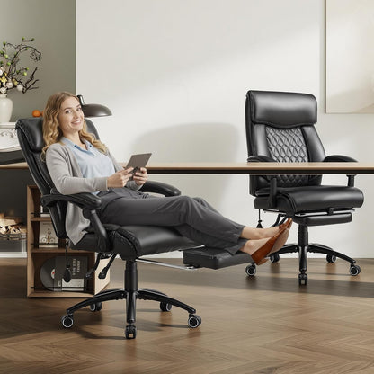 COLAMY Ergonomische directiestoel met voetensteun, gevoerde opklapbare armen en kantelverstelling voor lang werken in het thuiskantoor, zwart