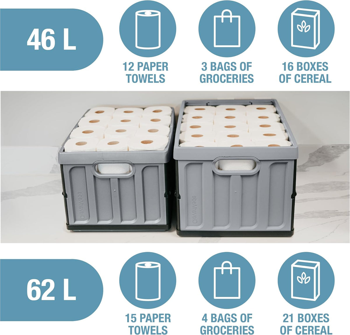 CleverMade Collapsible Storage Bins with Lids - Ocean 3 Pack 62L - Plastic Containers Stackable Organization Crates Home Closet Space-Saving Durable