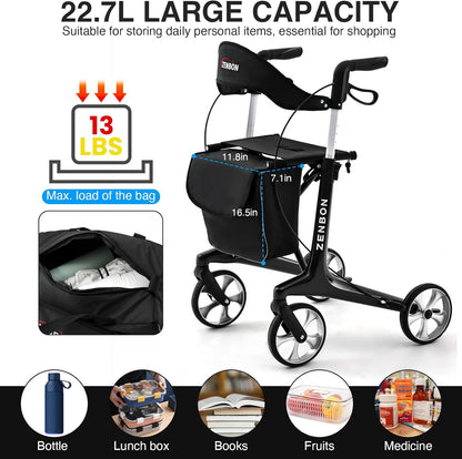 Roltor Walker | Met zitting | 150 kg draagvermogen | 4 grote wielen | lichtgewicht koolstofvezel ondersteuningsframe | dubbele handremmen | In hoogte verstelbaar | Voor volwassenen/senioren