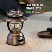 Campinglamp - Kampeerlamp - Retro Stijl LED-lantaarn - Dimbare - Draagbare - met Noodstroombank - USB-C & A Oplaadbaar - voor Buiten - Camping - Noodsituatie - IPX5 Waterdicht - 300Lm - 11200 mAh - Vintage Koperen Afwerking