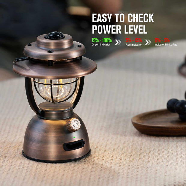 Campinglamp - Kampeerlamp - Retro Stijl LED-lantaarn - Dimbare - Draagbare - met Noodstroombank - USB-C & A Oplaadbaar - voor Buiten - Camping - Noodsituatie - IPX5 Waterdicht - 300Lm - 11200 mAh - Vintage Koperen Afwerking