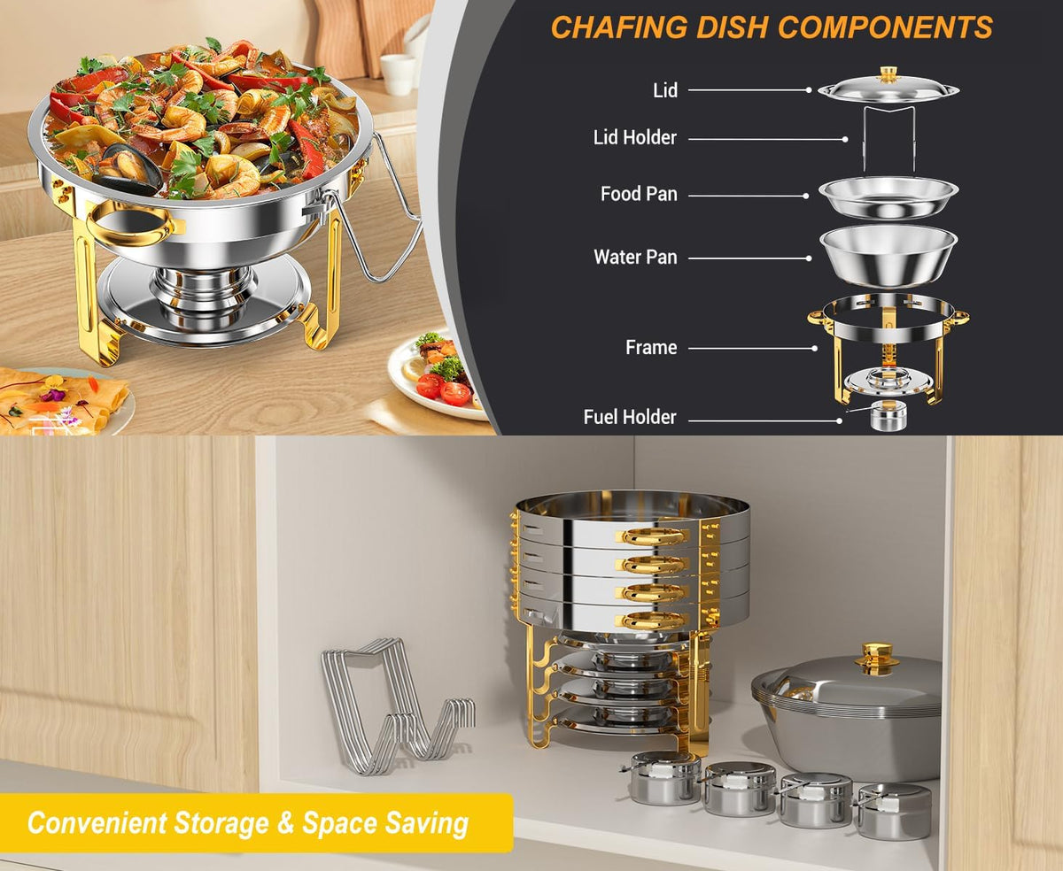 4 Pack Chafing Dish Buffet Set 5 Qt, 5L RVS Chafing Dishes, Ronde Catering Warmer Server met Glazen Deksel & Cover Houder, Voedsel Warmers voor Feesten, Bruiloft, Verjaardag (Sliver-Glas)
