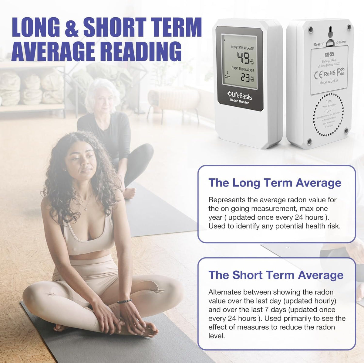 LifeBasis Radondetector, luchtkwaliteitsmonitor, draadloze radonmonitor met scherm voor bewaking van lange en korte tijd, radontester, radonmeter, radon meetinstrument voor kelder en kantoor