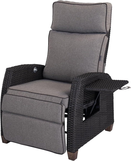 Grand patio Recliner Lounger with Seat Cushion, Aluminium Frame, Garden Chair, Adjustable Backrest, Rattan Sun Lounger for Indoor, Outdoor (Grey Seat Cushion and Brown Rattan) - QUORE