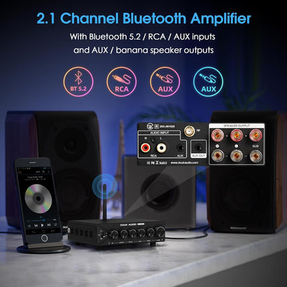DoukAudio 2.1-kanaals versterker met Bluetooth: twee TPA3255 chips, aptX-HD, 300W subwoofer en 48V voeding voor audiofiele (NS-14G Pro)