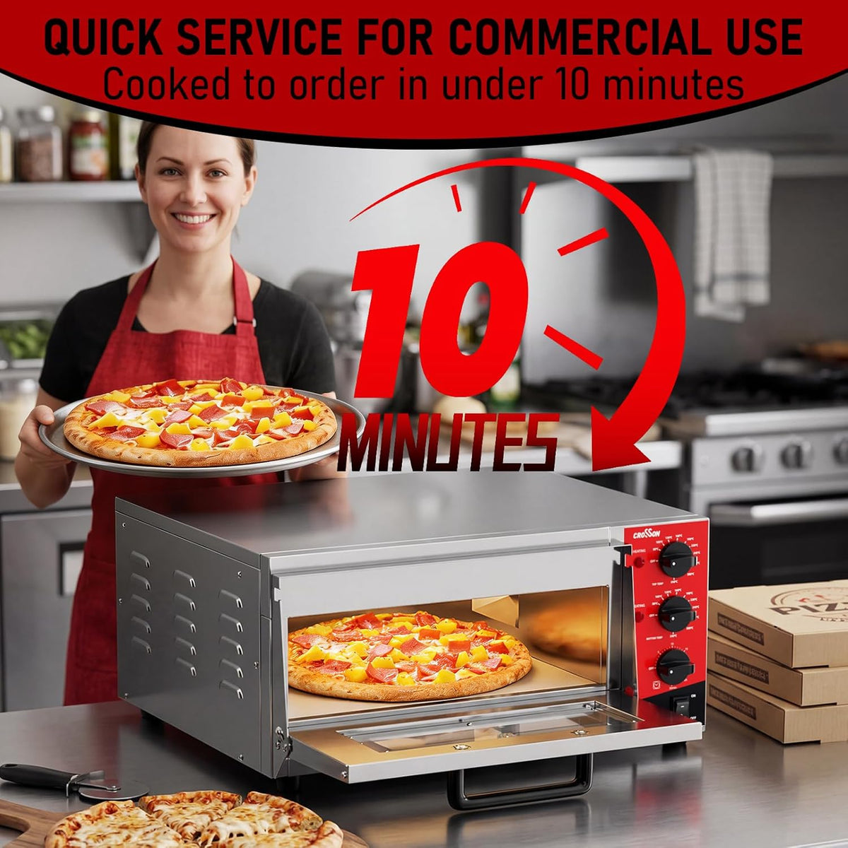 CROSSON Professionele Elektrische Pizzaoven,230V/2000W Commerciële Pizzaoven Roestvrij Staal 16 Inch met Steen voor Binnen,Restaurant,Keuken
