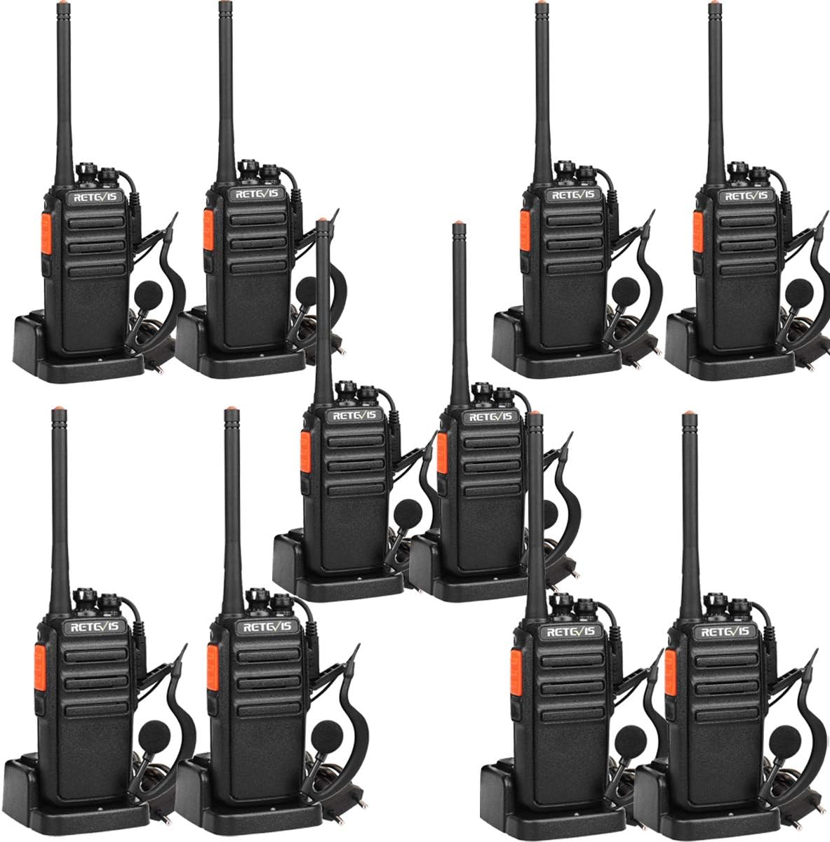Retevis RT24 Professionele Portofoons met Headset PMR446 Vergunningsvrije Walkie Talkies 16 Kanalen CTCSS/DCS VOX Oplaadbaar Walkie Talkies met EU-stekker Laadstation en Lithium-ionbatterij (10 Stuks, Zwart)