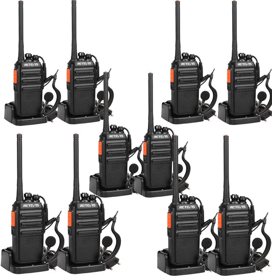 Retevis RT24 Professionele Portofoons met Headset PMR446 Vergunningsvrije Walkie Talkies 16 Kanalen CTCSS/DCS VOX Oplaadbaar Walkie Talkies met EU-stekker Laadstation en Lithium-ionbatterij (10 Stuks, Zwart)